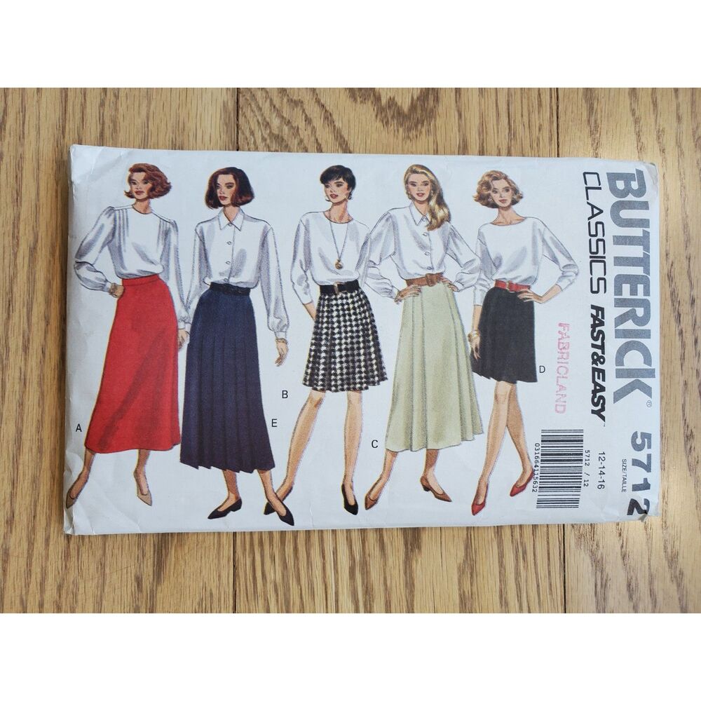 Butterick 5712 Sewing Pattern Size 12, 14, 16 Skirts Pleated Long Knee New Uncut